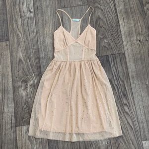 Nude Mesh Gold Polka Dot Mini Dress